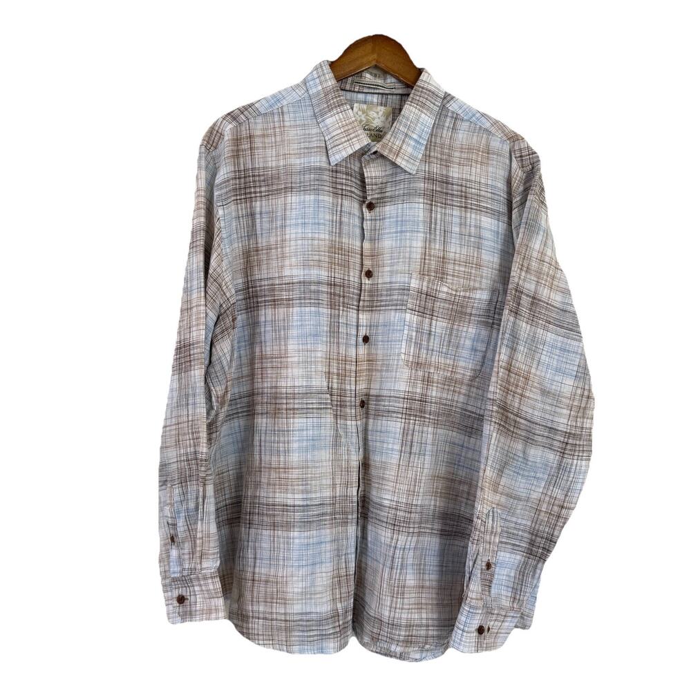 Tasso Elba Island XXL Mens Plaid Button Up Long Sleeve Shirt Linen Cotton Blend